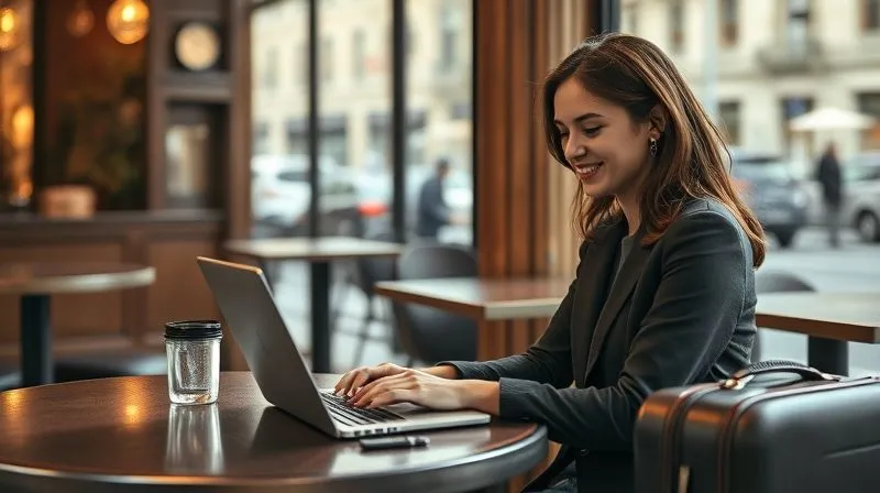 A photorealistic image of a young woman typing on a laptop at a cafe in Paris, a small suitcase next to her, looking focused and content, cinematic lighting, shallow depth of field, 8K hyper-detailed.