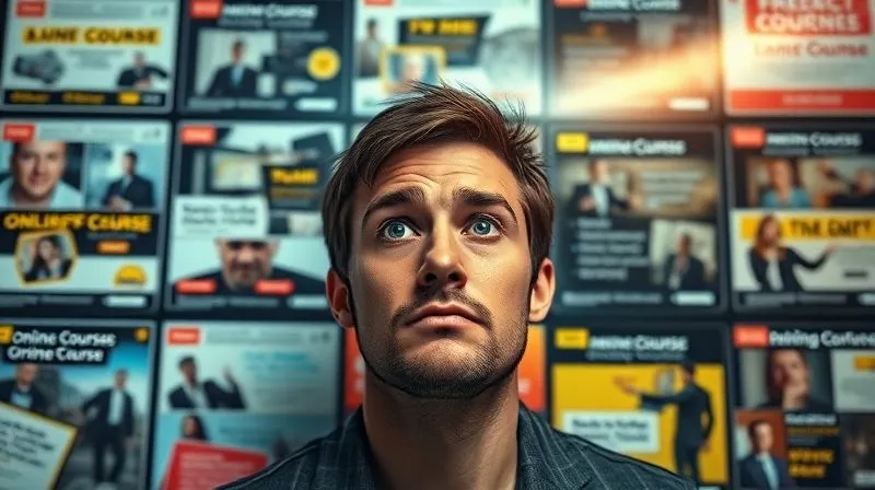 A photorealistic image of a person looking confused and overwhelmed by a wall of generic, flashy online course advertisements, cinematic lighting, sharp focus on the person's face, 8K hyper-detailed.