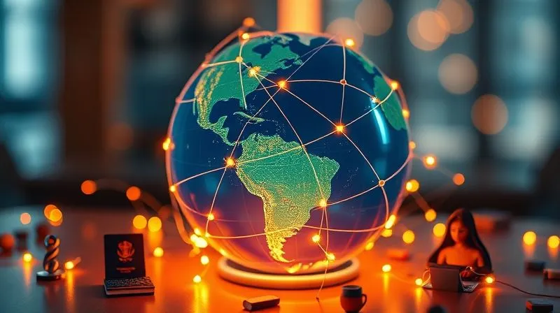 A photorealistic image of a stylized globe with interconnected lines representing digital networks and learning, surrounded by small icons of passports, laptops, and currency, all bathed in a warm, inviting light, 8K hyper-detailed, professional photography, shot on a high-end DSLR.