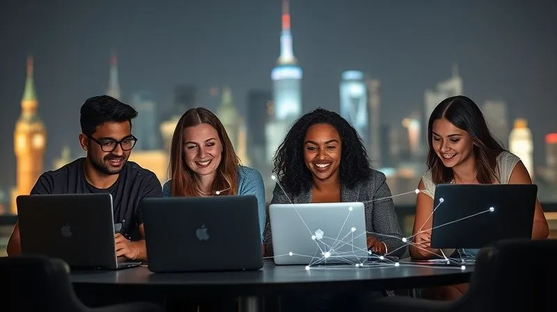 Photorealistic image of a diverse group of digital nomads collaborating effectively on laptops and tablets, connected by virtual lines of communication, set against a backdrop of different global landmarks subtly blurred. Cinematic lighting, sharp focus, depth of field, 8K hyper-detailed, professional photography.
