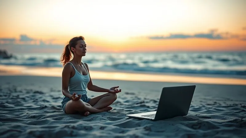 Photorealistic image of a digital nomad practicing mindfulness or meditation on a beach at sunset, laptop closed nearby, conveying a sense of work-life balance and mental well-being. Cinematic lighting, sharp focus, depth of field, 8K hyper-detailed, professional photography.