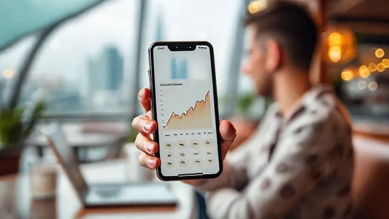 A photorealistic image of a sleek, modern smartphone displaying a financial app with a graph showing consistent monthly income from FIIs. In the background, a subtly blurred image of a digital nomad working from a vibrant, scenic cafe in a foreign city. Cinematic lighting, sharp focus on the phone screen, depth of field, 8K hyper-detailed, professional photography.
