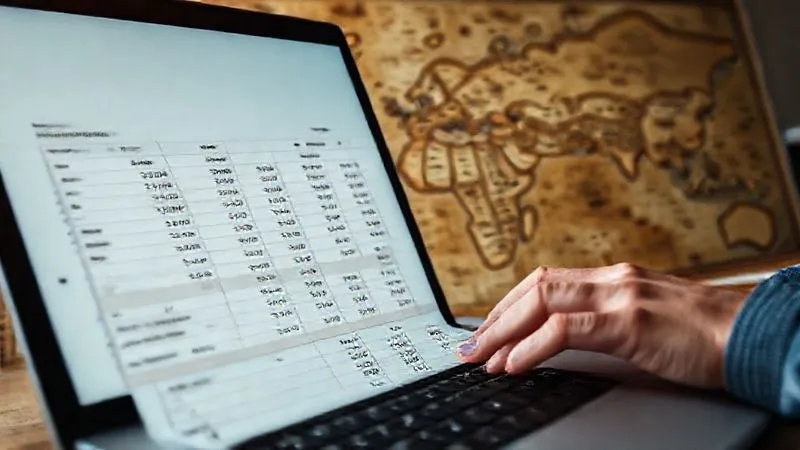 A photorealistic image of a detailed financial spreadsheet on a laptop screen, showing calculations for monthly expenses, target income, and required investment capital for FIIs. In the background, a person's hands are tracing a route on a large, antique-looking world map. Cinematic lighting, sharp focus on the laptop screen and map, depth of field blurring the background, 8K hyper-detailed, professional photography.