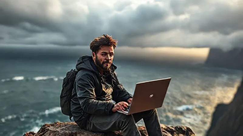 A photorealistic image of a digital nomad sitting on a cliff overlooking a stormy ocean, laptop open with a financial graph showing market volatility. The nomad has a focused, calm expression, symbolizing resilience and preparedness in the face of financial challenges. Cinematic lighting, dramatic clouds, sharp focus on the nomad and laptop, depth of field blurring the distant storm, 8K hyper-detailed, professional photography.