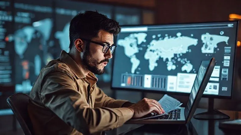A photorealistic image of a digital nomad sitting at a laptop, looking slightly perplexed at tax forms and a world map. On the screen, complex financial charts and legal documents are visible. The scene has a subtle overlay of international flags or currency symbols. Cinematic lighting, sharp focus on the laptop and documents, depth of field, 8K hyper-detailed, professional photography.