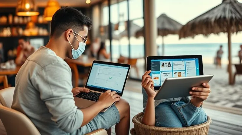 A photorealistic image of two digital nomads collaborating remotely on a complex project. One is on a laptop in a bustling cafe, the other on a tablet on a beach. A shared digital workspace (like a Miro board or shared document) is visible on both screens, showing seamless teamwork. Cinematic lighting, sharp focus, depth of field, 8K.