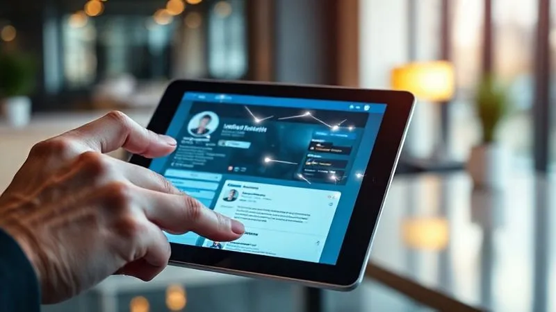 A photorealistic image of a person's hand scrolling through a professional LinkedIn profile on a tablet, with glowing lines connecting different sections of the profile, symbolizing a well-connected and optimized digital presence. In the background, a blurred image of a stylish, modern workspace. Cinematic lighting, sharp focus on the tablet screen, depth of field. 8K hyper-detailed, professional photography.