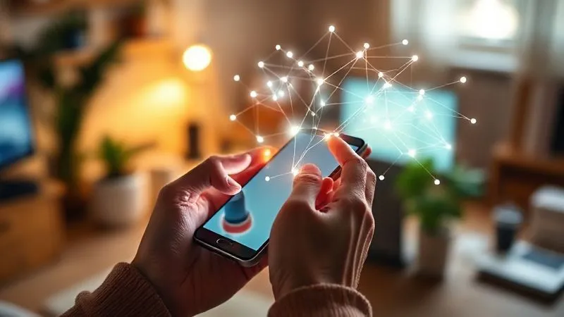 A photorealistic image of a person's hands holding a smartphone, with a glowing network of digital connections expanding from the screen, symbolizing nurturing online relationships. The background is a cozy, well-lit home office setup. Cinematic lighting, sharp focus on the hands and phone, depth of field. 8K hyper-detailed, professional photography.
