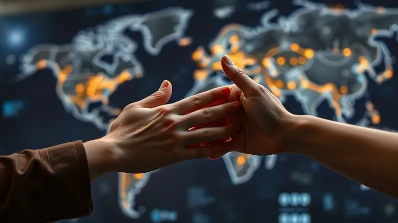 A photorealistic, professional photography image of two digital nomads, one offering a hand to the other in a gesture of support and connection, against a blurred backdrop of a global map with glowing network lines. Cinematic lighting, sharp focus on the hands and faces, depth of field, 8K hyper-detailed, shot on a high-end DSLR. The image conveys genuine human connection and collaboration.