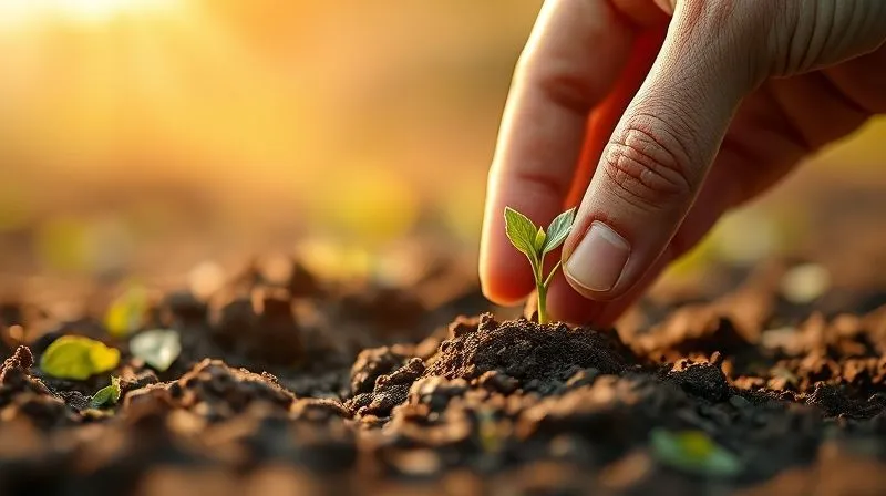 A photorealistic, professional photography image of a hand delicately planting a small, glowing seed in rich soil, symbolizing the nurturing of an opportunity. The background shows a blurry but vibrant digital landscape, hinting at the community. Cinematic lighting, sharp focus on the seed and hand, depth of field, 8K hyper-detailed, shot on a high-end DSLR. The image evokes growth and potential.