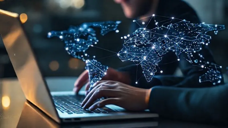 A photorealistic, professional photography, 8K image of a digital nomad sitting in front of a laptop, with a complex, glowing network graph overlayed on the screen, showing interconnected nodes and lines representing potential online partners across different geographical locations. Cinematic lighting, sharp focus on the screen and hands, depth of field blurring the background. The scene suggests strategic mapping and connection.