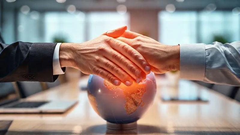 A photorealistic, professional photography, 8K image of two hands, one reaching from a laptop screen and the other from a tablet screen, shaking hands firmly over a globe. The background is a soft-focus office setting, with a subtle glow around the connected hands, symbolizing trust and partnership overcoming digital distance. Cinematic lighting, sharp focus on the hands, depth of field blurring the background.
