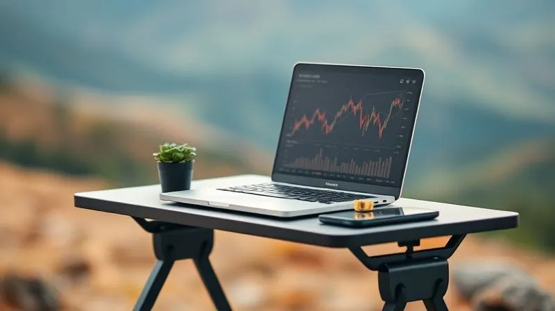 photorealistic, professional photography, 8K, cinematic lighting, sharp focus, depth of field, shot on a high-end DSLR, depicting a minimalistic, organized workspace on a portable desk, with a laptop displaying financial charts and a small potted plant, symbolizing growth and efficiency for a digital nomad. The background subtly shows a blurred, inspiring natural landscape.