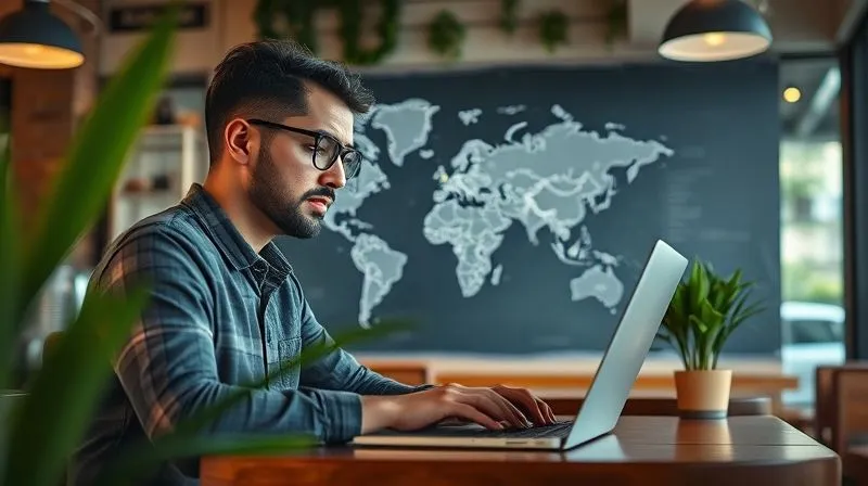 photorealistic, professional photography, 8K, cinematic lighting, sharp focus, depth of field, shot on a high-end DSLR, depicting a digital nomad working on a laptop in a cozy, well-lit cafe, with a world map subtly blurred in the background, surrounded by plants. The scene conveys focus, productivity, and a sense of global connection despite the challenges of remote work.