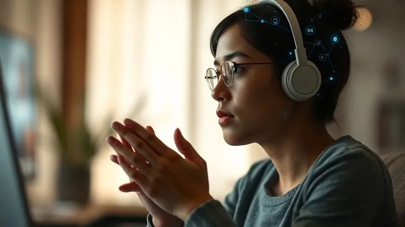 A photorealistic image of a digital nomad thoughtfully listening during a video call, hands clasped, a serene expression, with subtle data visualizations floating around their head, representing processing information. Cinematic lighting, sharp focus on the nomad's face, depth of field blurring the background, 8K hyper-detailed.