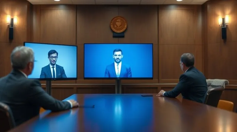 A photorealistic image of a virtual courtroom or mediation setting, with three distinct screens showing a client (agitated), a digital nomad (calm but firm), and a neutral mediator. Cinematic lighting, sharp focus on the screens, depth of field blurring the background, 8K hyper-detailed, symbolizing remote conflict resolution.