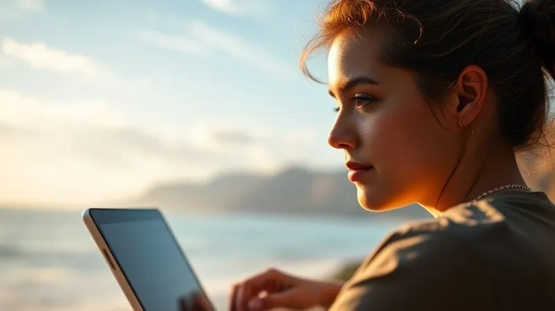 A photorealistic image of a digital nomad closing a laptop with a serene expression, looking out at a breathtaking natural landscape (e.g., mountains, beach), symbolizing disconnecting and recharging. Cinematic lighting, sharp focus on the nomad's face and the landscape, depth of field blurring the laptop, 8K hyper-detailed.