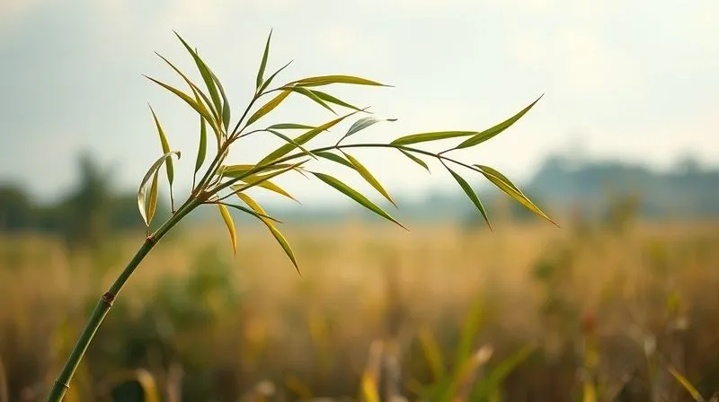 photorealistic, professional photography, 8K, cinematic lighting, sharp focus, depth of field, shot on a high-end DSLR. A single, strong bamboo stalk bending gracefully but resiliently against a powerful wind in a serene, natural landscape. The background is slightly blurred to emphasize the bamboo's flexibility.