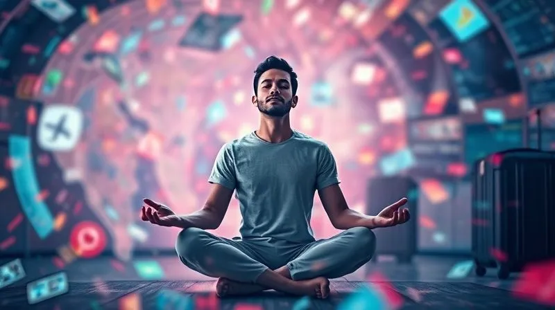 photorealistic, professional photography, 8K, cinematic lighting, sharp focus, depth of field, shot on a high-end DSLR. A person calmly meditating amidst a swirling, abstract representation of digital chaos and travel elements (maps, timelines, screens, luggage), yet radiating inner peace. The chaotic elements are vibrant but not overwhelming, creating a contrast with the serene individual.