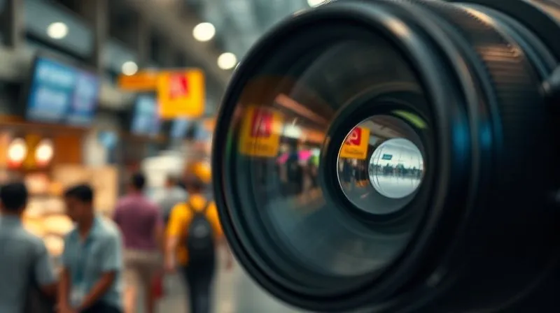 photorealistic, professional photography, 8K, cinematic lighting, sharp focus, depth of field, shot on a high-end DSLR. A close-up of a camera lens focusing intensely on a single, illuminated object (e.g., a compass or a journal) amidst a softly blurred, bustling background of a vibrant foreign market or airport. The focus is razor-sharp on the object, highlighting clarity amidst activity.