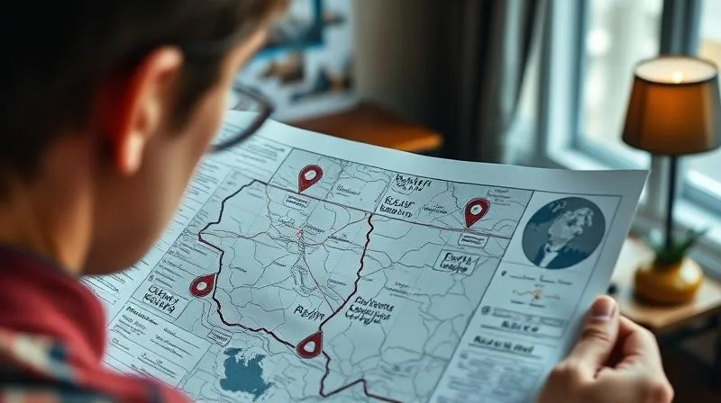 photorealistic, professional photography, 8K, cinematic lighting, sharp focus, depth of field, shot on a high-end DSLR. A person looking at a detailed, hand-drawn map with various paths and annotations, representing life choices and adaptations, set against a blurred background of a cozy, temporary workspace in a foreign city. The map is in sharp focus, symbolizing planning and adjustment.