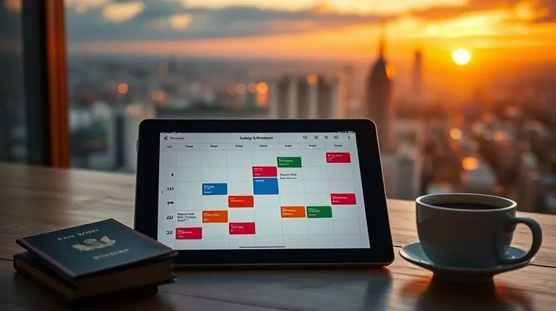 A photorealistic image of a minimalist digital calendar on a tablet screen, showing color-coded blocks of time labeled 'Deep Work', 'Client Calls', 'Exploration', and 'Wellness', with an open passport and a cup of coffee nearby. The background is a softly blurred view of a vibrant cityscape at sunrise. Cinematic lighting, sharp focus on the tablet, depth of field. 8K hyper-detailed, professional photography, shot on a high-end DSLR.