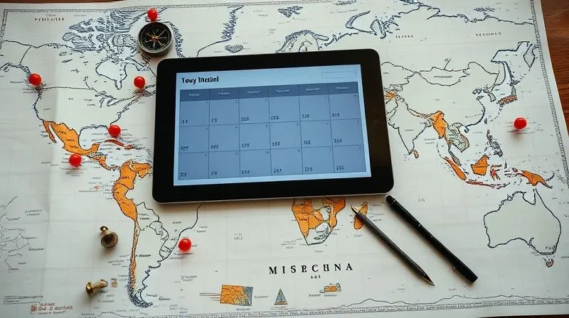 A photorealistic image from a high angle of a detailed, hand-drawn travel map spread on a wooden table, with various pins marking past and future destinations. Overlaid on the map is a digital tablet displaying a flexible weekly schedule, showing fluidity and adaptability. A compass and a pen are also on the table. Cinematic lighting, sharp focus on the map and tablet, depth of field blurring the edges. 8K hyper-detailed, professional photography, shot on a high-end DSLR.