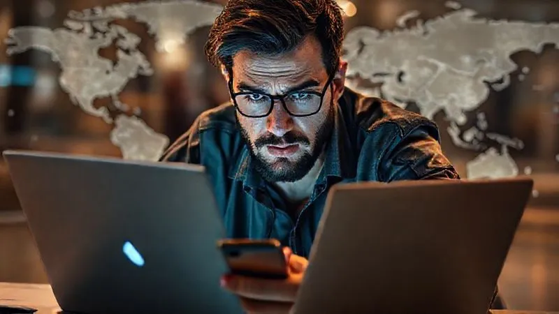 A photorealistic image of a digital nomad looking stressed, surrounded by multiple open laptop tabs, a smartphone, and a map of the world, with a blurred background suggesting constant movement. Cinematic lighting, 8K hyper-detailed, professional photography, shot on a high-end DSLR.