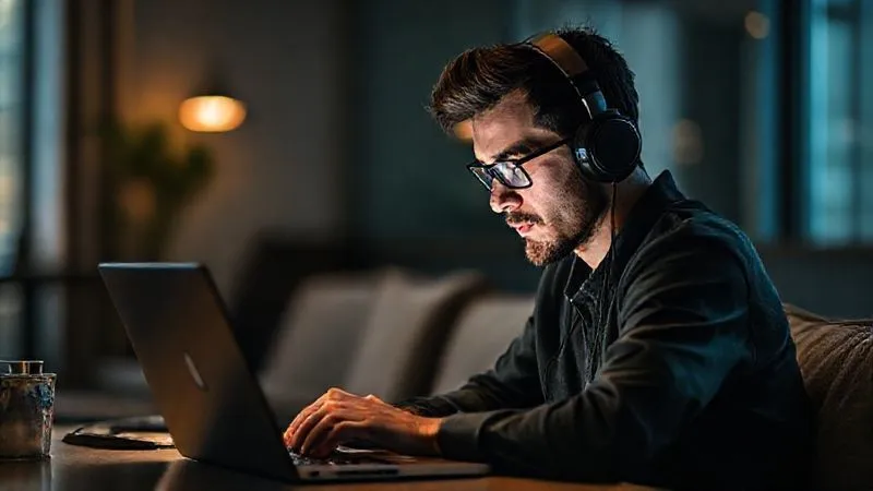 A photorealistic image of a digital nomad deeply focused on a laptop screen, wearing noise-canceling headphones, in a minimalist yet comfortable co-working space. The background is slightly blurred, emphasizing concentration. Cinematic lighting, 8K hyper-detailed, professional photography, shot on a high-end DSLR.