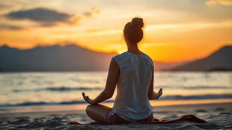 A photorealistic image of a digital nomad meditating or practicing yoga in a beautiful natural setting (e.g., beach at sunset, mountain view), laptop closed and out of sight. The atmosphere is peaceful and rejuvenating. Cinematic lighting, 8K hyper-detailed, professional photography, shot on a high-end DSLR.