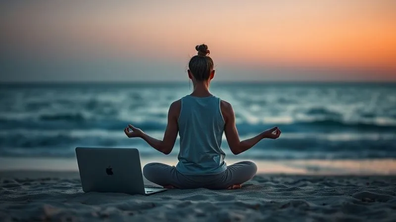 A photorealistic, professional photography, 8K image showing a person meditating peacefully on a beach at sunrise, laptop closed beside them, symbolizing mental preparation and flexible routine for digital nomads. Cinematic lighting, sharp focus on the person, depth of field blurring the ocean. Evokes calm and adaptability.