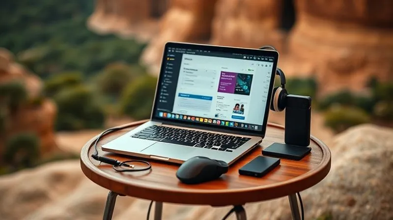 A photorealistic, professional photography, 8K image of a digital nomad's organized workspace on a small, portable table. Features a laptop displaying a productivity app, noise-cancelling headphones, a compact travel mouse, and a well-charged power bank. Cinematic lighting, sharp focus on the tech, depth of field blurring a distant, exotic background. Conveys efficiency and readiness for study anywhere.