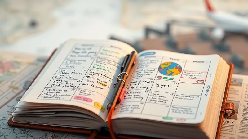 A photorealistic, professional photography, 8K image of a traveler's journal or planner, open to a weekly spread with handwritten notes, colorful highlighters, and stickers. The background subtly shows a blurred map or a distant cityscape. Cinematic lighting, sharp focus on the detailed, flexible schedule, depth of field. Symbolizes adaptable planning and organization for digital nomads.