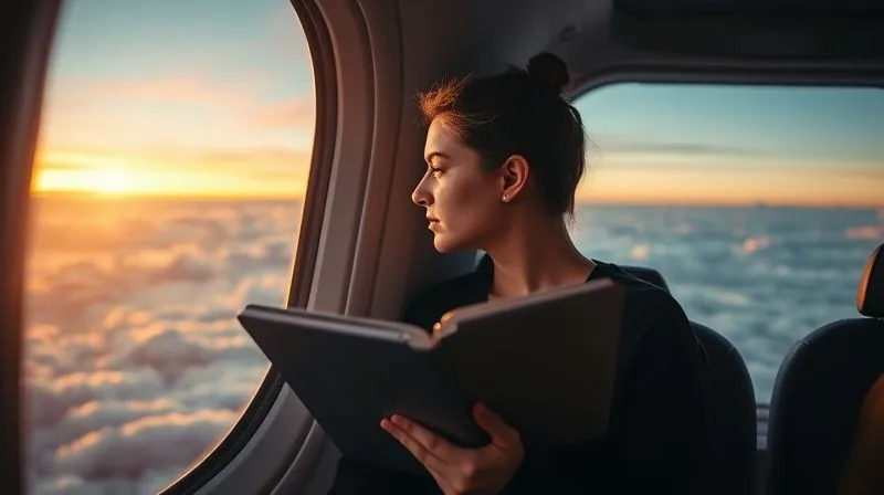 A photorealistic, professional photography, 8K image of a person looking out from a window of an airplane at a stunning sunset over clouds, holding a tablet with study material open. The scene evokes a sense of contemplative travel and the challenge of balancing wanderlust with academic commitment. Cinematic lighting, sharp focus on the tablet and the person's thoughtful expression, depth of field blurring the distant view. Symbolizes overcoming travel-related study challenges.
