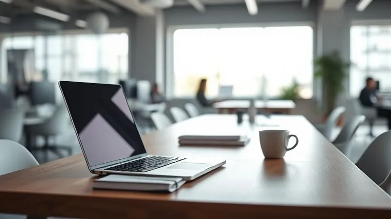 A photorealistic image of a perfectly organized minimalist desk setup in a bright co-working space, with a laptop, a single notebook, and a cup of coffee. Natural light streams in from a large window, blurred background showing other focused workers, 8K, cinematic lighting, sharp focus
