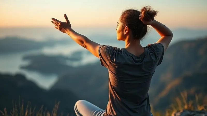 A photorealistic image of a digital nomad taking a mindful break, stretching gently with a scenic view of mountains or ocean in the background, a sense of calm and rejuvenation, cinematic lighting, sharp focus on the person, depth of field blurring the landscape, 8K
