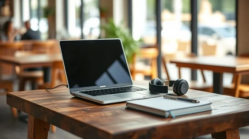 A photorealistic image of a minimalist, portable workstation set up on a rustic wooden table in a sunlit cafe, with a sleek laptop, noise-canceling headphones, and a neatly organized notebook. A blurred background shows gentle cafe activity. Cinematic lighting, sharp focus on the workstation, depth of field. 8K, professional photography, shot on a high-end DSLR.