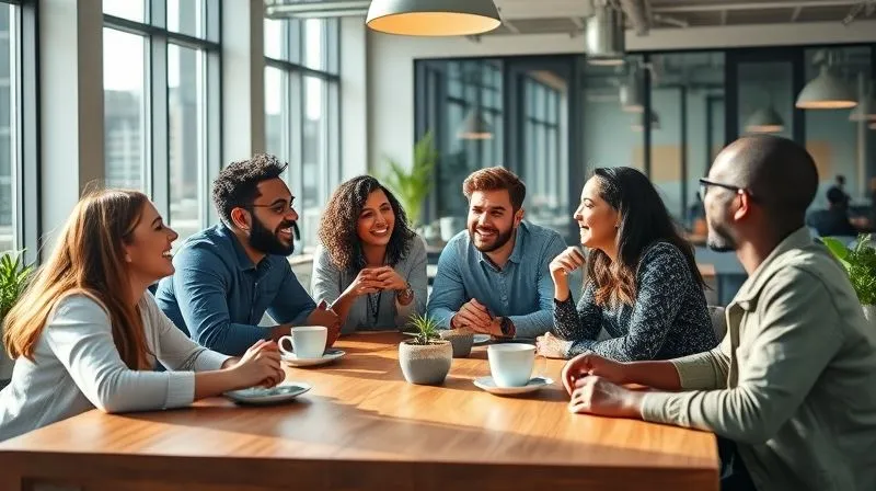 A photorealistic image of a diverse group of digital nomads laughing and collaborating around a large table in a modern, sunlit coworking space, sharing ideas and coffee. The atmosphere is vibrant and connected. Cinematic lighting, sharp focus on the group, depth of field blurring the background. 8K, professional photography, shot on a high-end DSLR.