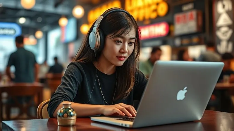 A digital nomad, a young woman, working intently on a sleek silver laptop at a bustling but aesthetically pleasing cafe in Southeast Asia. She wears noise-cancelling headphones, a focused expression on her face. A subtle, elegant Pomodoro timer is near her. Sharp focus on the woman and laptop, depth of field blurring the vibrant background. Cinematic lighting, professional photography, 8K, shot on a high-end DSLR.