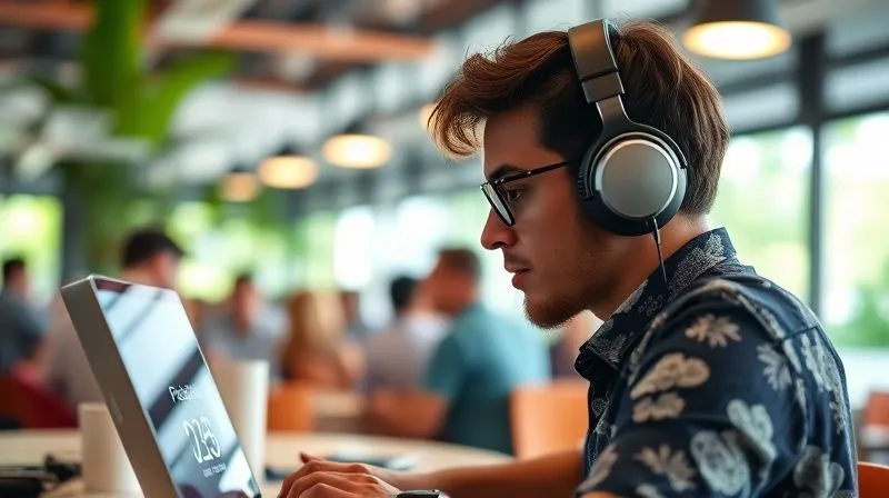 A photorealistic image of a digital nomad wearing high-quality noise-cancelling headphones, intensely focused on a laptop screen in a bustling, vibrant co-working space in a tropical location. The background is slightly blurred, emphasizing the nomad's concentration amidst activity. A subtle digital Pomodoro timer is visible on the laptop screen. Cinematic lighting, sharp focus on the nomad, depth of field, 8K, shot on a high-end DSLR.