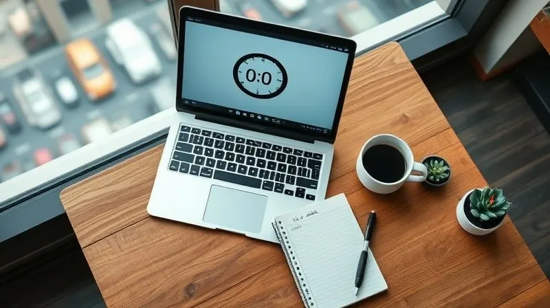 A photorealistic, top-down view of a neatly organized digital nomad's workspace on a wooden table. A laptop is open, displaying a simple Pomodoro timer app. Next to it, a small notebook with a handwritten to-do list, a pen, a cup of coffee, and a small, stylized succulent plant. The background is a soft blur of a scenic window view, suggesting travel. Cinematic lighting, sharp focus on the workspace, depth of field, 8K, shot on a high-end DSLR.