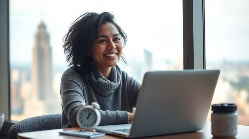 A photorealistic image of a digital nomad looking out from a window of a high-rise building or a cozy cafe, with a satisfied and calm expression. Their laptop is closed beside them, and a small, stylized Pomodoro timer is subtly visible on the table. The background shows a vibrant, yet peaceful cityscape or a natural landscape. Cinematic lighting, sharp focus on the nomad's face, depth of field, 8K, shot on a high-end DSLR.