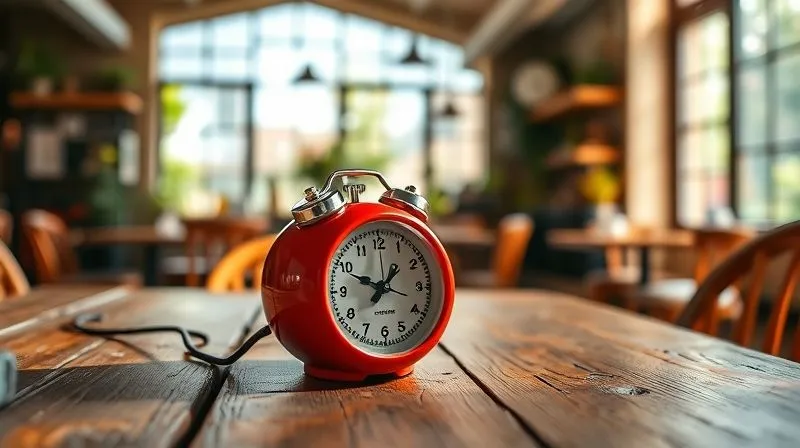 A photorealistic image of a vintage red Pomodoro timer on a rustic wooden table, with a blurred background showing a vibrant, sunlit co-working cafe, emphasizing focus amidst potential distractions. Cinematic lighting, 8K hyper-detailed, shot on a high-end DSLR, depth of field.