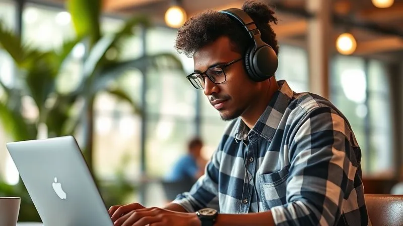 A photorealistic image of a nomadic worker wearing high-quality noise-cancelling headphones, intensely focused on a laptop. The background is a beautifully blurred, vibrant co-working space in a tropical location, but the worker is completely isolated in their focus bubble. Cinematic lighting, 8K hyper-detailed, shot on a high-end DSLR, depth of field.