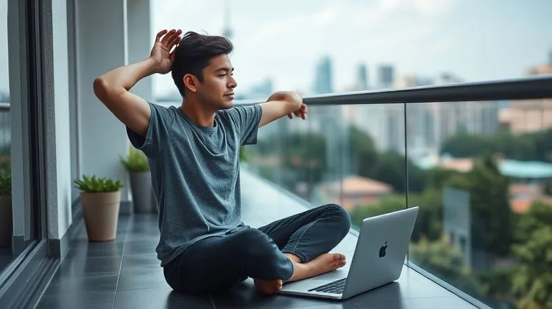 A photorealistic image of a nomadic digital worker taking a mindful break during a Pomodoro session. They are stretching gently or meditating in a serene outdoor setting, perhaps a balcony overlooking a city or a quiet park, with a laptop closed nearby. The focus is on calm and rejuvenation. Cinematic lighting, 8K hyper-detailed, shot on a high-end DSLR, depth of field.