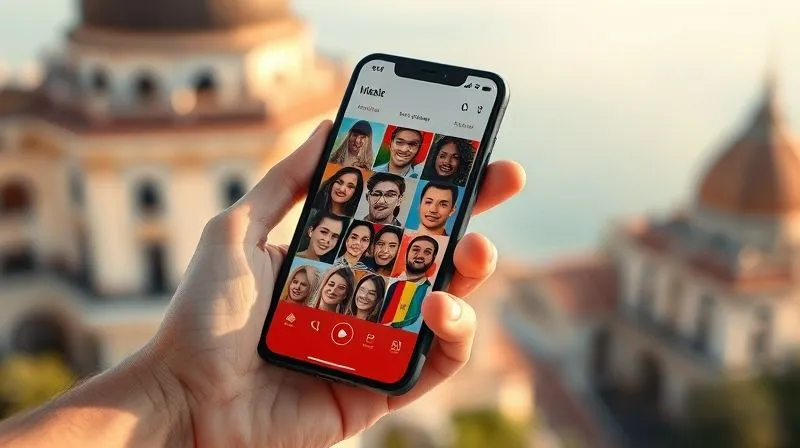 A close-up, photorealistic image of a hand holding a smartphone displaying a language exchange app interface, with diverse faces of people from around the world. The background is a softly blurred exotic travel destination, suggesting global connection. Cinematic lighting, sharp focus on the phone, 8K hyper-detailed.