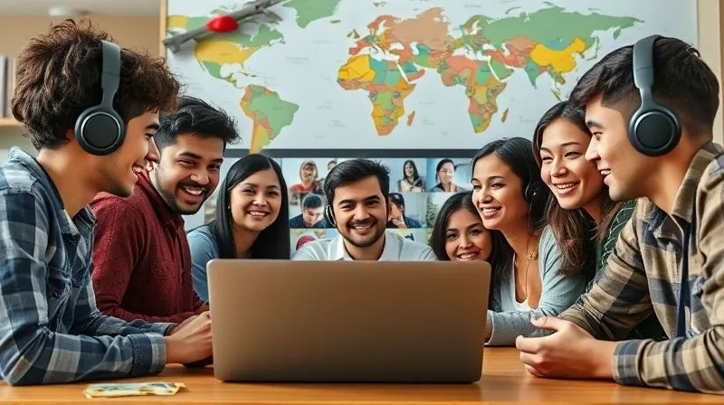 A photorealistic image of a diverse group of young adults, some with headphones, engaged in a lively online video call on a laptop screen, symbolizing virtual community and language practice. The background shows various travel-related elements like maps or souvenirs. Cinematic lighting, 8K, sharp focus.