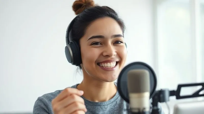 A photorealistic image of a person smiling confidently while speaking into a microphone, with a bright, encouraging glow around them, symbolizing overcoming fear and gaining confidence in language speaking. The background is a clean, modern digital learning environment. Cinematic lighting, sharp focus, 8K.