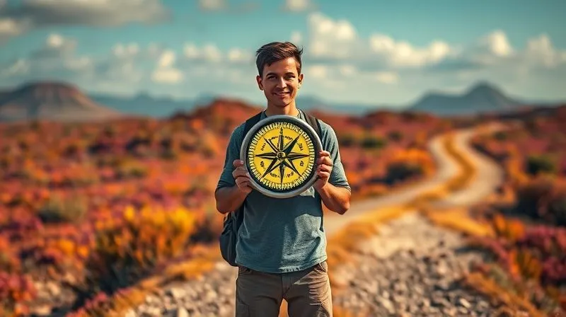 A photorealistic image of a person standing at a crossroads in a vibrant, exotic landscape, holding a glowing compass that points clearly in one direction, while other paths fade into a soft blur. The person looks determined and calm, with a backpack nearby. Cinematic lighting, 8K, sharp focus on the compass and person, depth of field. Professional photography.