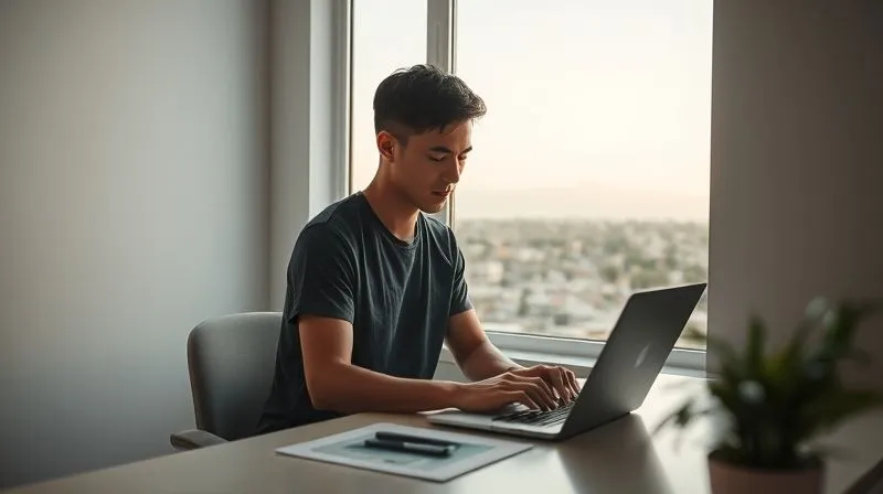 A photorealistic image of a person calmly working on a laptop in a serene, minimalist workspace, while outside the window, a dynamic, ever-changing landscape (e.g., bustling city street, then serene beach, then mountain range) is subtly visible, indicating adaptability. The lighting is soft and focused on the person, with the background having a gentle depth of field. Professional photography, 8K hyper-detailed, cinematic lighting.